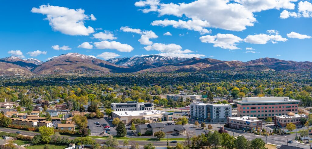 Aerial view of Davis County, Utah, looking east toward the Wasatch Mountains.