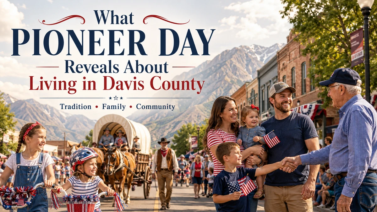 Pioneer Day parade in a Davis County town with families, a covered wagon, and mountains